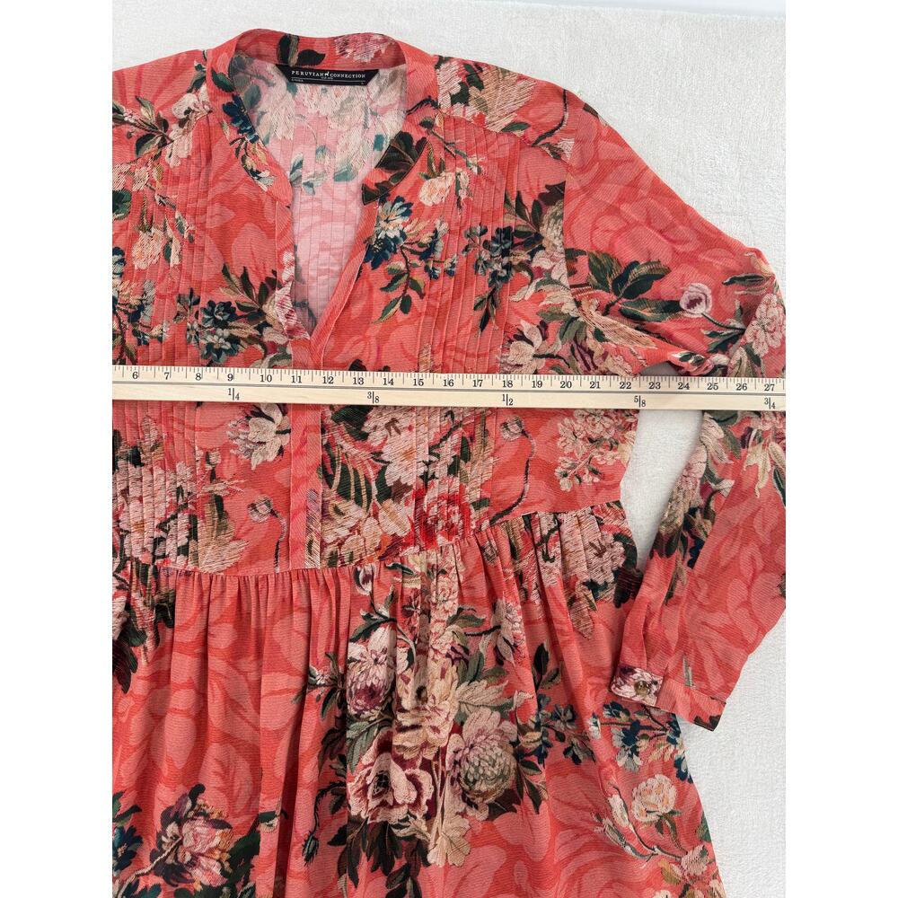 Peruvian Connection Coral Floral Split Neck Tunic Dress - Picture 7 of 9